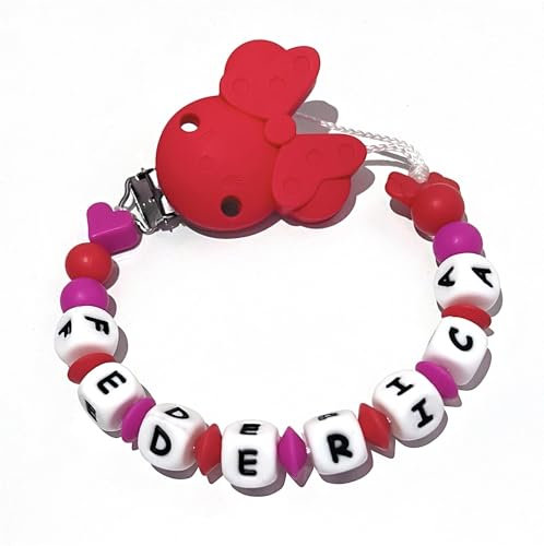 Catenella Portaciuccio con Nome, Catenina Porta Ciuccio Personalizzata Compatibile con ogni Succhietto (clip fiocco rosso)
