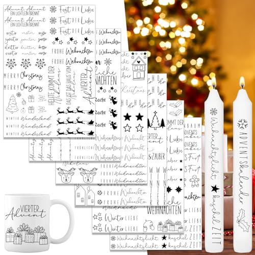 Kerzen Tattoo Weihnachten, 6 Stück A5 Weihnachten Kerzen Tattoo, Aufkleber Xmas KerzensprüChe, Wassertransferdruck Kerzensticker, Folie Kerzentattoo, Diy Kerzensticker, für Kerzen/Keramik(Schwarz)