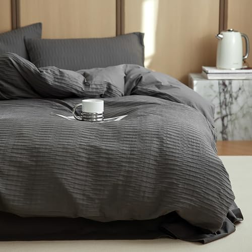 Seersucker Bettwäsche 155x220 Grau Chic Bettbezug mit Kissenbezug 80x80 | Sommerbettwäsche Set, Modern, Kühlende, Strukturiert, Sommer, Atmungsaktiv, Leicht, Microfaser, Reißverschluss, Einzelbett