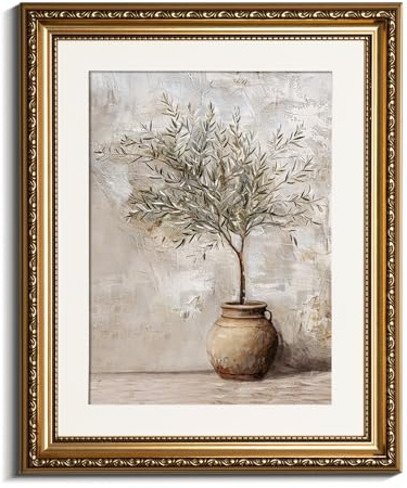 InSimSea Goldene gerahmte Wandkunst, Wohnzimmer, Vintage-Olivenbaum im Gefäß, Wanddekoration, Stillleben, botanischer Leinwanddruck, Kunst, Heimdekoration, antike Gemälde mit Rahmen, 33 x 40,6 cm