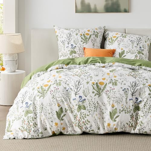 BEDSURE Bettwäsche 200x220 Baumwolle 3teilig - Salbeigrün Blumen | Baumwolle Bettwäsche mit Reißverschluss, ÖKO-TEX Wendbar, Bettbezug 220x200cm + 2 Kissenbezüge 80x80cm, einfach zu beziehen