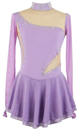 XIUWOUG Vestito da Pattinaggio Artistico per Bambina Donna, Manica Lunga, Strass, Body da Balletto Abito da Ginnastica