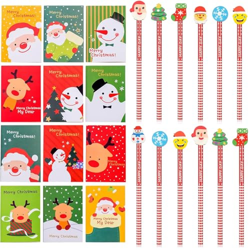 Sunshine smile Weihnachten Schreibwaren Set,12 Mini Notizblock Weihnachten,12 Weihnachten HB Bleistifte Mit Radiergummi,Weihnachten Cartoon Notebook,Holz Stifte für Mitschüler