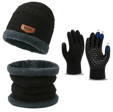 Dyiouxin Wintermütze Schal Handschuhe,Mütze, Schal & Handschuh-Sets für Damen Herren,Beanie Mütze,Weich Dicken Fleecefutter,Schwarz
