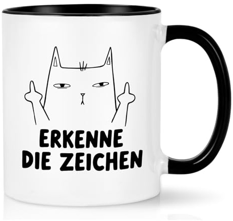 Joymaking Lustige Katzen Tasse mit Spruch - Erkenne die Zeichen - Katzen Motiv Kaffeetasse Geschenk für Katzenliebhaber Kollegen Freunden Frauen, 320ml Schwarz