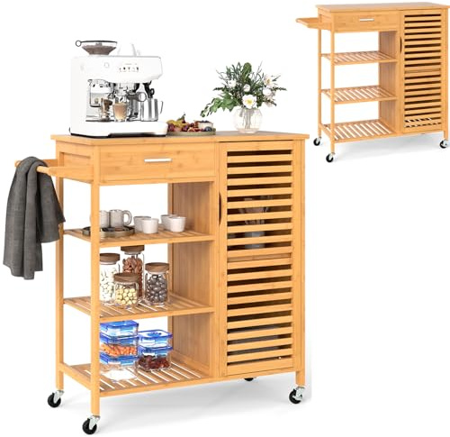 KOMFOTTEU Chariot de Cuisine, 1 Tiroirs & 1 Armoire à Porte, Desserte de Service avec 3 Étagères Ouvertes, Desserte à roulettes en Bambou, 91 x 44 x 89 cm, Naturel