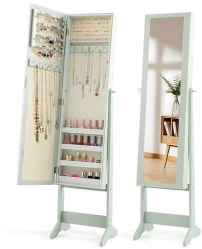 COSTWAY Schmuckschrank neigungsverstellbar, Schmuckregal mit Ganzkörperspiegel, Schmuck Spiegelschrank mit 64 Ohrringschlitzen, 20 Halskettenhaken, 72 Ringschlitzen, 4 Ablagen (Grün)