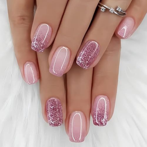 24PCS Short Square French Press On Nails - Pink Gradient Glitter Fake Nails & Acrylic Full Cover with Jelly Adhesive Tabs, Stick On Set for Women Daily Wear Party Date DIY Manicure