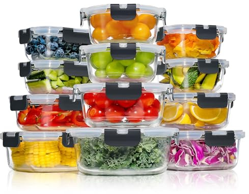 YASHE Boite Alimentaire Verre avec Couvercle Hermétique - Lot de 12 Lunch Box Verre Réutilisables, Sans BPA, Compatibles Micro-ondes, Four, Lave-vaisselle, Congélateur, Noir