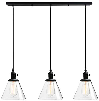 Phansthy Lustre, en verre transparent, pour 3 ampoules, design rétro moderne, suspension vintage, style rétro classique, couleur : noir