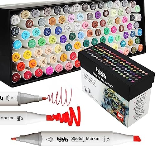 hhhouu 100 Farben Marker Stifte Set, Doppelter Spitzen für Studenten Manga Kunstler Design Schule Drawing MH-100W