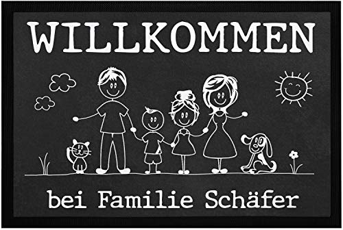SpecialMe® Fußmatte Familie 1, 2, 3 Kinder & mehr + Hund, Katze personalisiert mit Namen Strichmännchen weiß 60x40cm