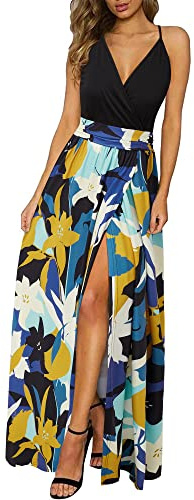 Newshows Femmes Eté Profond Décolleté en V Loisirs Robe Spaghetti Imprimé Fleur Split Maxi pour la fête de Plage (Floral 16,L)
