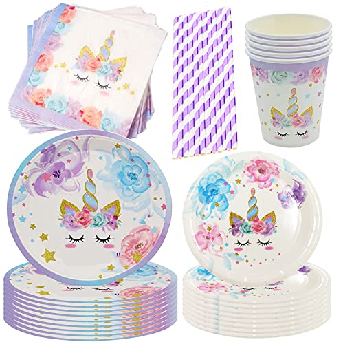 84 Stuck Einhorn Kinder Geburtstags Besteck-Set für 16 Gäste, Einhorn-Partybesteck-Set Partygeschirr Enthält Teller, Becher, Servietten, Strohhalme, perfekt für Kindergeburtstagsfeier, Baby Shower