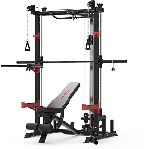Train Hard Half Cage Kniebeugeständer Squat Rack Power Rack Smith Machine Multipresse (Rack + Zubehöre + Hantelbank)