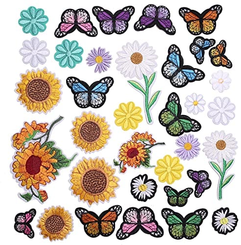 TACVEL 35 Pieces Embroidered Iron on Patch, Sunflowers Butterfly Daisy Flower Iron on Patches Set, Sew On/Iron on Patch Applique for Clothes, Dress, Hat, Jeans, DIY Accessories