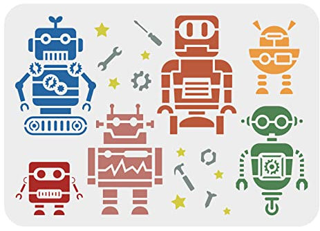 FINGERINSPIRE Roboter Schablonen 29,7x21cm Roboter Malschablone Schraube Mutter Schraubendreher Hammer Musterschablonen Wiederverwendbare DIY Roboter Bastelschablone zum Malen auf Holzbodenwänden
