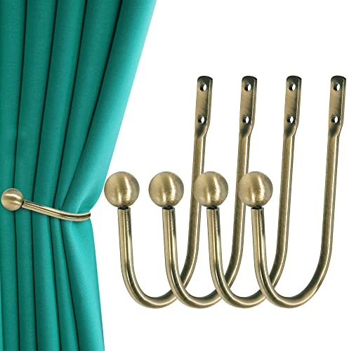 Curtain Holdback, 4 Pcs Wall Mounted Drapery Tiebacks with Screws, Brass