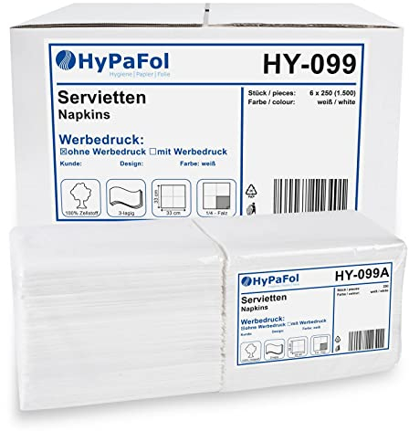 Servietten 33x33 cm, weiß 3-lagig, 1/4-Falz, 6x250 Stück