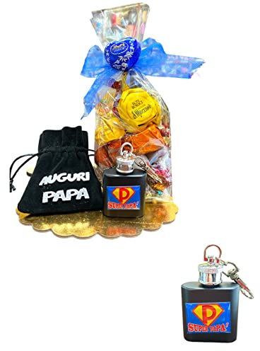 Idea Regalo Portachiavi Festa del Papà con Dedica + 250gr di Cioccolatini assortiti (Fiaschetta Portachiavi)
