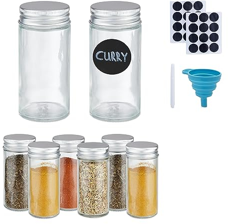Relaxdays Gewürzgläser 8er Set, Streueinsatz, Gewürzdosen Glas, 120 ml, Etiketten, Stift & Trichter, transparent/Silber