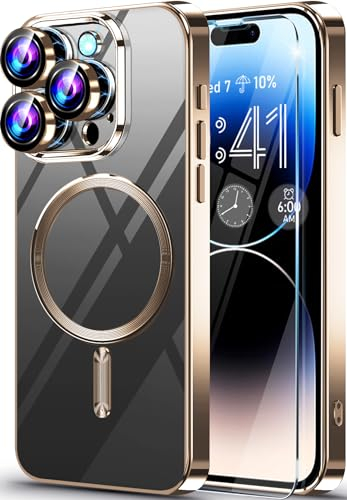 Neivi für iPhone 15 Pro Hülle Kompatibel mit Mag-Safe mit Kameraschutz mit Schutzfolie, Handyhülle iPhone 15 Pro Transparent Vergilbungsfrei Unzerstörbarer Dünn Stoßfeste Schutzhülle Case Gold