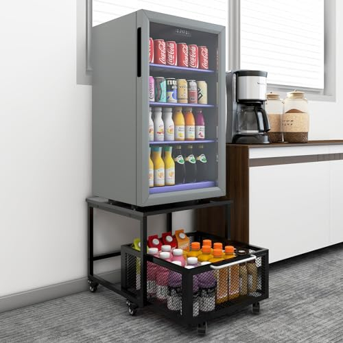 PUNCIA Soporte para Mini Nevera con Cesta Metálica Base Móvil para Refrigerador con Ruedas Mueble Estante de Almacenamiento con Cajón Cocina Salón Oficina Negro