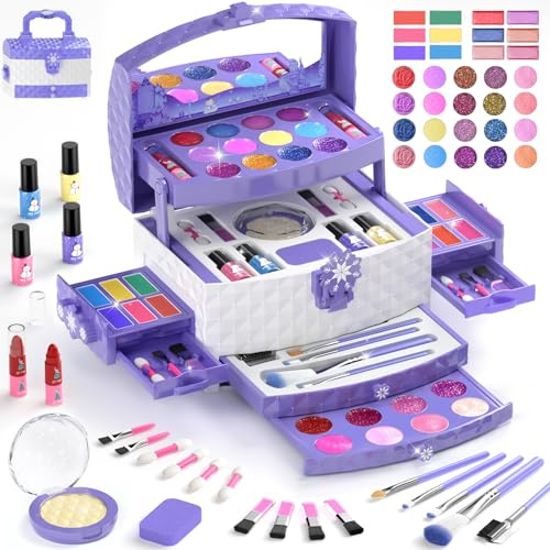 GirlsHome Kids Makeup Set for Girl 56 Pcs Washable Real Cosmetic, Non-Toxic Frozen Toys Toddler Makeup Kit, Frozen Princess Dress up Kit Christmas & Birthday Girl Gift for 3-12 (Frozen Purple)