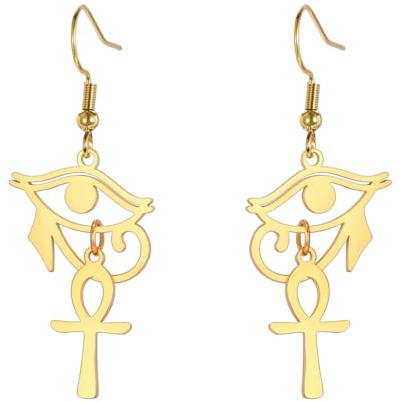 Auge des Horus Knöchel Ohrringe für Frauen Edelstahl Antike ägyptische Auge des Horus mit Knöchelkreuz, Doppel Flügel Dangle Ohrring Schutz Schmuck