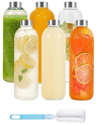 WyndShades Glass Water Bottle with Stainless Steel Lids – 6 Pack 500ml Leakproof, Airtight Glass Bottles for Juices, Smoothies, Water – Reusable & Dishwasher Safe – Includes Cleaning Brush