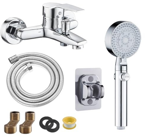 suaywo Bath Shower Mixer Tap Attachment Single Lever Tub with 1.5m Stainless Hose & No-Drill Base Bath Mixer Tap with Shower Single Lever Bath Shower for Bathroom, Bathtub & Shower(Silver)