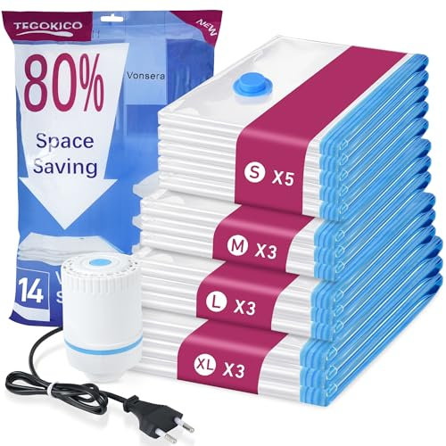 Vakuumbeutel für Kleidung mit Elektrische Luftpumpe, 14 Vacuum Bags for Clothing (5 S, 3 M, 3L, 3 XL), ideal für die Aufbewahrung von Reisen, Kleidung und Bettdecken (14)