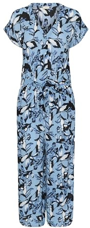 KAFFE Women's Jumpsuit Short Sleeves Cropped Legs Relaxed Fit V-Neck Belted, Blue Graphic Flower, 8