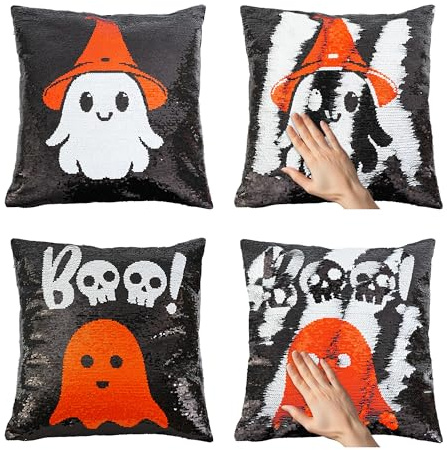 Rebundex 2 Stück Zweifarbiger Pailletten 2025 Halloween Kissenbezug 45x45 Halloween Deko Geist Helloween Geschenk Innen Kissenhülle Geister