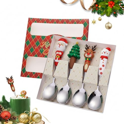 Kleinigkeiten für Adventskalender, panemy Cucharas de Postre, Cucharitas de Cafe, Cubiertos Navidad, Juego de Cubiertos Navidad, Decoracion Mesa Hogar, Para los Amantes del Café (4, DY4)