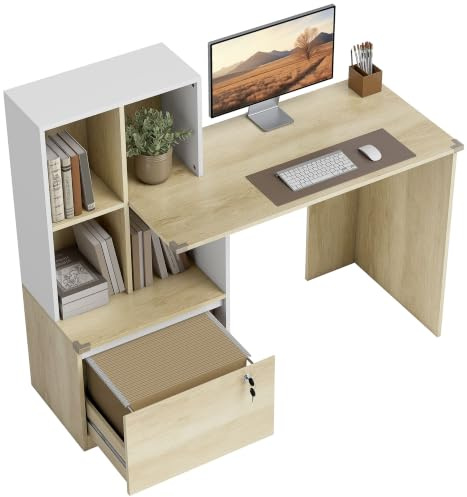HOMCOM Bureau d'Ordinateur avec Bibliothèque 126x50x109cm Chêne et Blanc | 4 Compartiments, Tiroir Verrouillable à Dossiers, Patins Anti-Collision, Table Informatique, Bureau avec Rangement