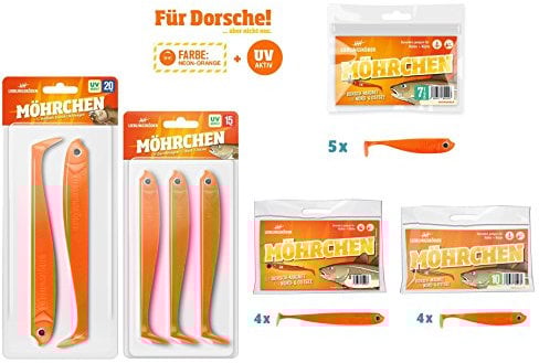 18 Lieblingsköder Möhrchen Gummifische (4x12,5cm, 4x10cm, 5x7,5cm, 3x15cm, 2x20cm), Gummifisch zum Zanderangeln, Hechtangeln, Barschangeln, Dorschangeln