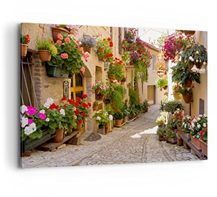 ARTTOR Wandbilder Dekoration Wohnzimmer Blume Straße Haus Bilder auf Leinwand 120x80cm Leinwandbild Schlafzimmer Küche Deko Wand Kunstdruck Art Groß XXL Wanddeko Bild Wall Decor Canvas AA120x80-3586