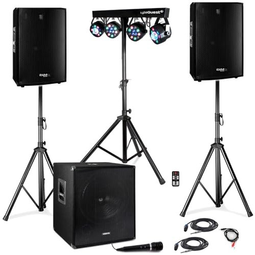 SONO PA System 2400W 8-Channel Floor Standing PA System with 18 1000W Speaker, 15 Speaker, Microphone, DJ Mixer, Instrument Compatibility, Black, Auxiliary, RCA, XLR Connectivity