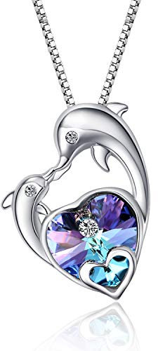 WINNICACA Dolphin Necklace Sterling Silver Purple Crystal Heart of Ocean Necklace Pendant Dolphin Jewellery for Women Mom Birthday Valentine's Day Gifts