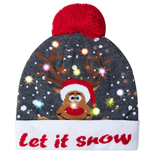 Belovecol Weihnachten Party Hut Mütze Kappe 6 LED Leuchten Gestrickte Weihnachtsneuheit Unisex Teenager Kappe Warme Wintermütze Weiß & Rot & Grün