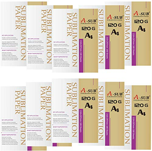 A-SUB Papier de sublimation A4, 210x297 mm, 1000 feuilles, 120 g/m², compatible avec les imprimantes à sublimation EPSON, SAWGRASS, RICOH, BROTHER