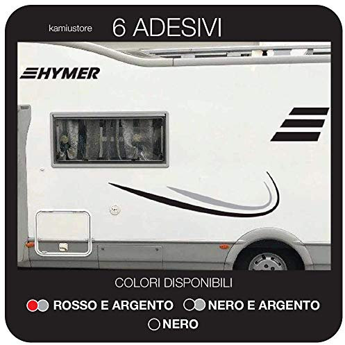 kamiustore Adesivo Hymer per Camper, roulotte e Barche in Vinile - 6 Adesivi 25x95cm (Nero/Argento)