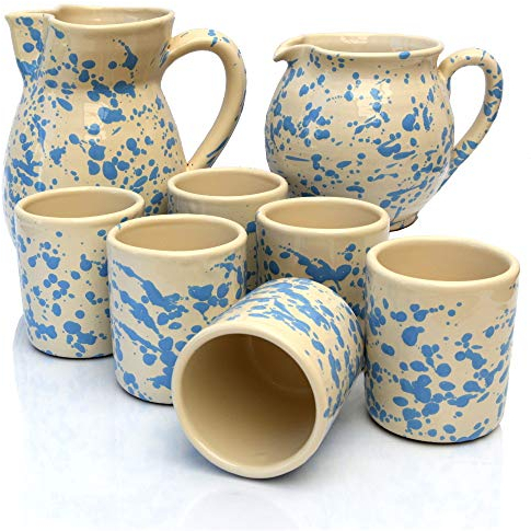 Colì Set Sechs Terrakotta-Gläser mit Ursulo-Krug und blau gesprenkeltem, abgerundeten Krug, Krug- und Brillen-Set, Wasser- und Weingläser-Set, farbigen Gläsern, Weinkrug, Wasserkrug