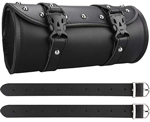 Wiipara Motorcycle Saddle Bag - Handmade PU Leather Handlebar Tool Bag, Round Barrel Shape Waterproof Roll Pouch With Straps for Scooter Front or Side (Medium)