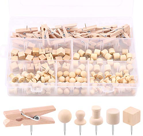 Swpeet 135Pcs 6 Arten Holz Push Pins Sortiment Kit, Holz Kopf Pins Stahl Daumen Tacks Clips Push Pins für Kork Boards Karte Fotos Home Office Handwerksprojekte