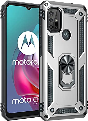 BestST Funda para Motorola Moto G30/Moto G20/Moto G10/G10 Power,+ HD Protector de Pantalla,Elegante Armadura híbrida Robusta Carcasa de Doble Capa de Alta Resistencia Caso con Anillo Grip,Plata