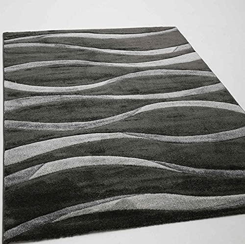 VIMODA Teppich Modern Wellenmuster Wohnzimmer Konturenschnitt in Grau Anthrazit Braun Beige, Farbe:Anthrazit, Maße:160x230 cm