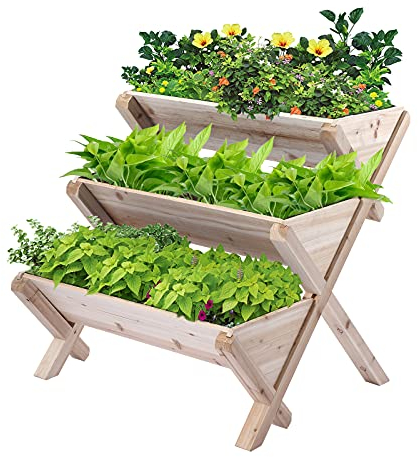 Notume Vertikales Hochbeet aus Holz mit 3 Ebenen, Pflanzgefäß, Hochbeete für Blumen, Kräuter, Gemüse, Natur