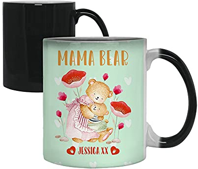 Personalised Any Name Mama Bear Gift for Her, Mum, God Mother, Step Mom, Mummy, Mother’s Day, Mom’s Birthday Present, Novelty Mug, Unique Ceramic Colour Changing Magic Cup/Mug.